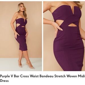 Purple V Bar Cross Waist Bandeau Stretch Woven Midi Dress